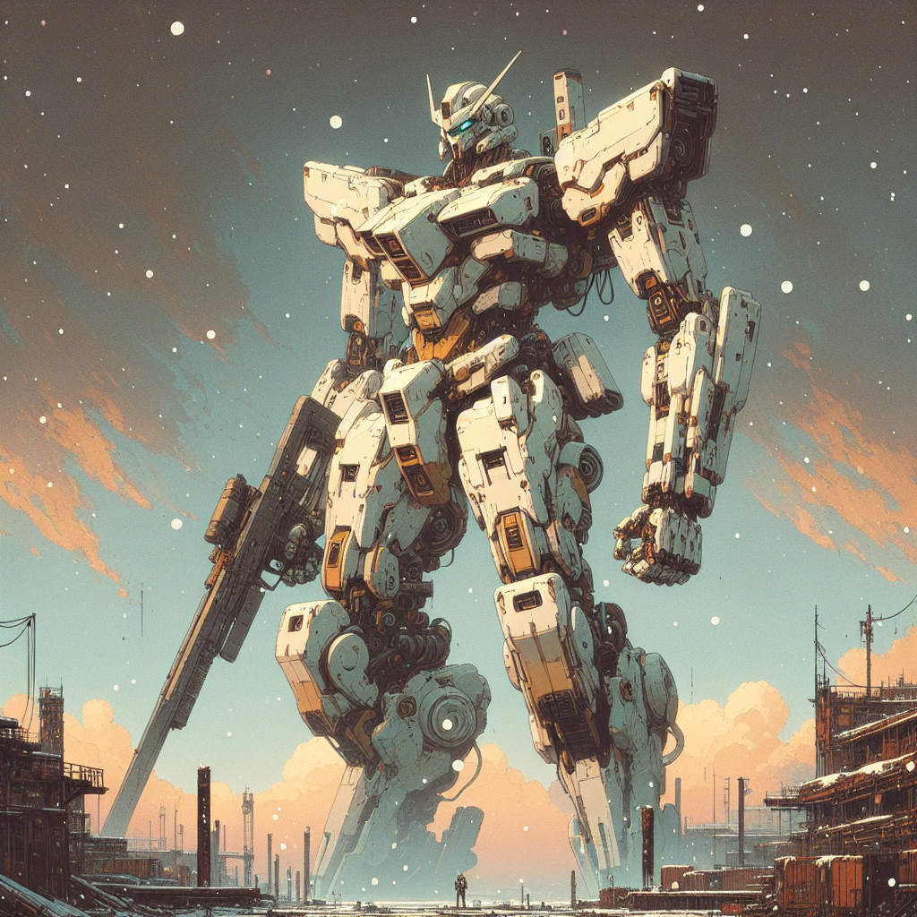 1. A towering white-and-gold mecha, 100 feet tall, stands amidst the smoldering docks, rifle and energy sword in hand, under a sky filled with drifting ash.