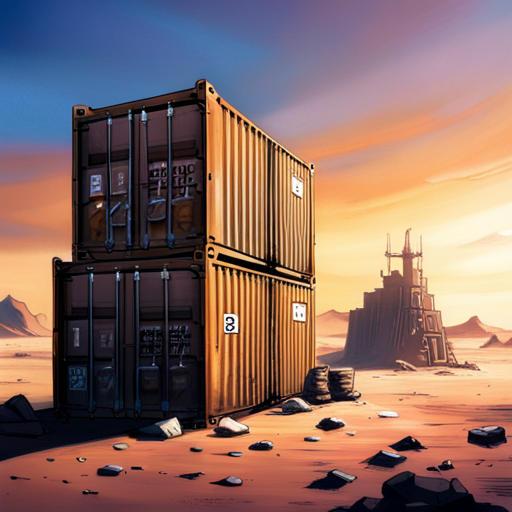 Zeb examines the weathered shipping containers, their faded logos and markings indicating years of use. The containers are stacked in an L shape, forming a makeshift shelter against the harsh desert sun.