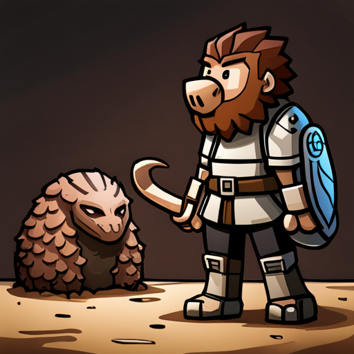 In the photo, Pangolin looks at Wrewdison with suspicion. He is a human-sized Pangolin mutant with armor-like scales, a long nose, and a sticky tongue. Wrewdison, a tall fit man with a beard and slightly messy hair, stands nearby. There is a cave axolotyl and a crate in the background. Pangolin is super pissed off and wants proper shelter and defenses. He misses his capybara friend and wants to trade, but only has weird berries to offer.