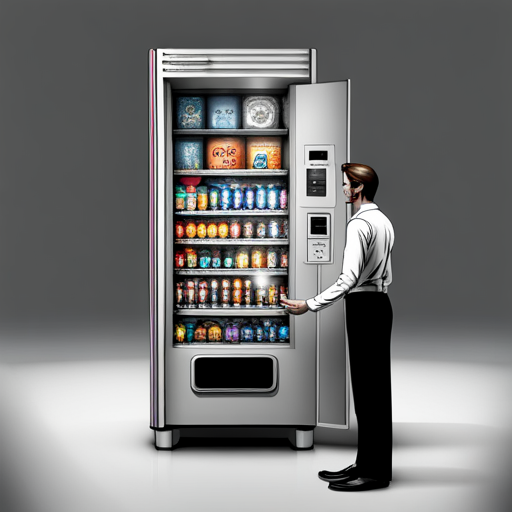 Wrewdison sees a vending machine with a digital touch screen interface, offering a trans-dimensional portal and the ability to produce any object in the known universe for just a quarter. He considers requesting snacks or energy bars and wonders what interesting possibilities the portal may hold. Zeb and hologram Ben Brown are also present. 
