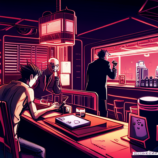 Zeb checks his messages on his deck, scrolling through offers from other deckers and a meeting request from the Yakuza. The Chatsubo's dim red lights illuminate the empty bar, with Ratz behind the bar and a drunk man passed out nearby.
