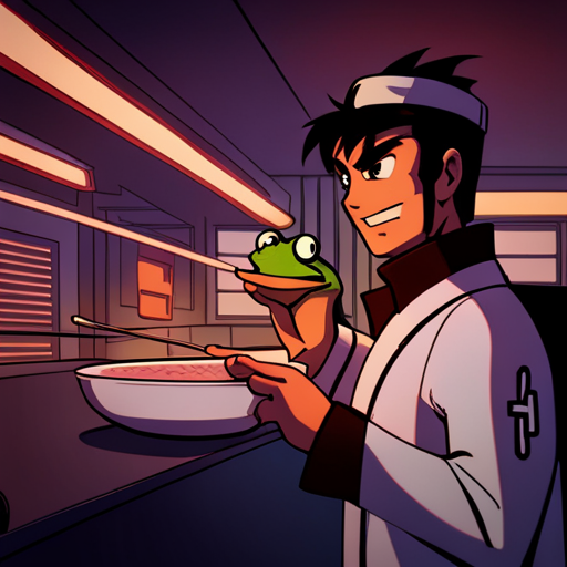Zeb examines Kappa, the ramen cook, who looks like a cross between a frog and a turtle. Kappa's bowl is filled with steaming broth. Kappa notices Zeb's scrutiny and smiles warmly, saying something in Japanese that Zeb doesn't quite catch.