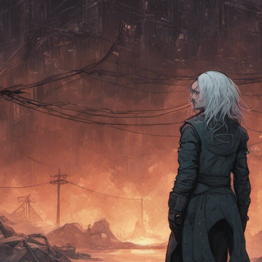 Thraeryn sees Cage, a pale man with greasy hair, raising an intrigued eyebrow. They stand in front of a collapsed warehouse, with destroyed structures and sizzling powerlines. Thraeryn holds a strange device, while Cage's tall boots splash in the water. The time of day is unclear, but the weather is stormy.