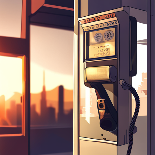 A close-up of a worn and outdated payphone in a phone booth. A quarter sits in the coin return. A cult of the dead cow sticker is stuck on the glass door. A mysterious dataport stands out on the old phone.