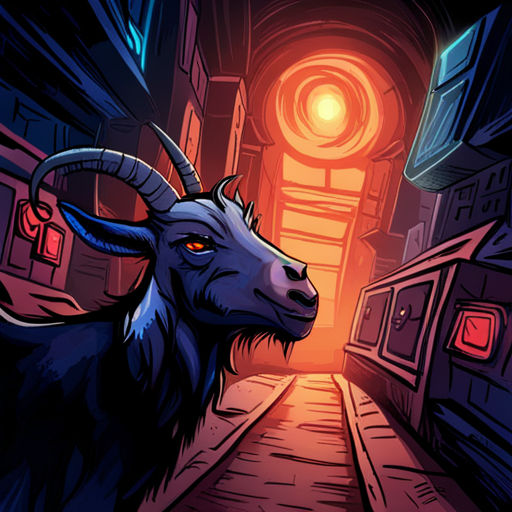 A black goat with curved horns and a strange glint in his eye stands in a grimey alley, suggesting dark magic to Dirk as he bleats loudly. The word "Hell" is spraypainted on the wall behind them.
