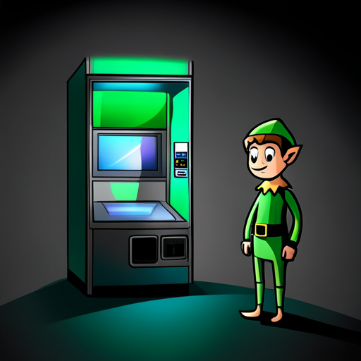 Basic Elf sees a glowing green orb inside a vending machine, emitting flashing lights. Ben Brown's hologram stands nearby. 
