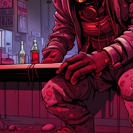 Zeb, with mop in hand, diligently cleans up the gruesome mess of brains and blood on the floor of The Chatsubo. The dim red lights cast an eerie glow on the scene, as the heavy silence is broken only by the scraping sound of the mop against the floor. Ratz, the gruff bartender with a robotic arm, watches with a mix of fury and resignation, his squinty brown eyes observing Zeb's determined effort to rectify the situation. The drunk man, sleeping in a pool of his own drool, remains oblivious to the macabre scene unfolding around him.