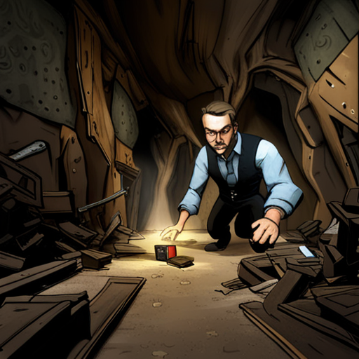 Wrewdison narrowly avoids a massive boulder tumbling down the cave passageway. The ground trembles and a loud rumbling noise grows closer. He finds an old, weathered crate with a worn Senzo Technologies logo. Inside, he discovers weapons, ammunition, explosives, and provisions. The crate may contain valuable technology or treasure. Wrewdison, a tall fit man with a beard and slightly messy hair, explores the branching caves under the wasteland desert, noticing signs of someone living down here. A cave axolotyl is nearby.