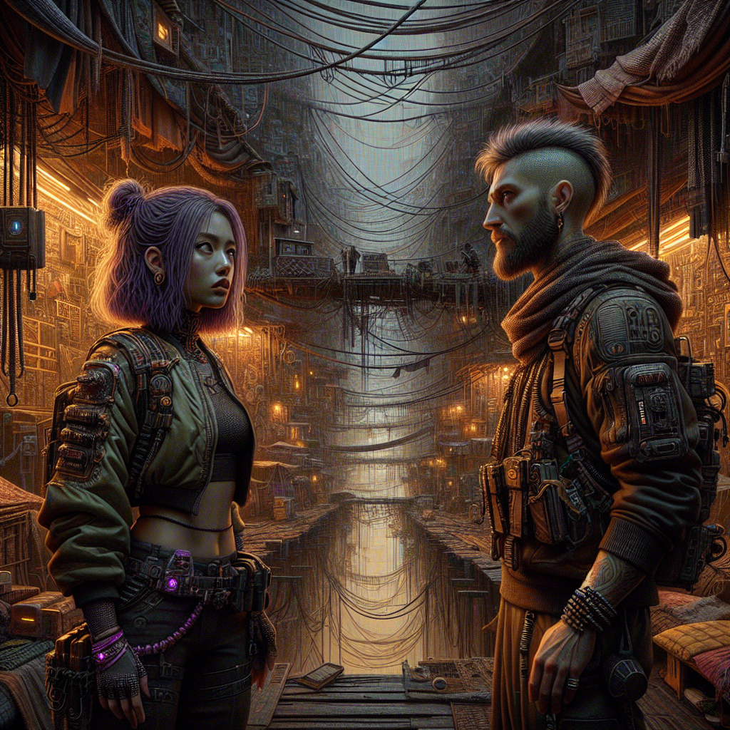 1. A cyberpunk woman with shoulder-length purple hair stands beside a man with a short beard and fuzzy mohawk, amidst a labyrinth of salvaged tech and makeshift shelters. The dimly lit bridge is encrusted with squatter homes, cables, and ropes, under a dark sky.