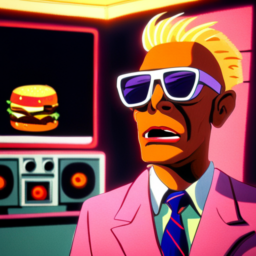 Zeb looks at the nearby television screen where Max Headroom appears. Max raises an eyebrow and suggests a classic cheeseburger with fries or a spicy chicken sandwich with a mischievous grin. Max appears as a talking head on a television screen, wearing black sunglasses and in front of a grid of neon lights. The control room is dark and cramped with piles of flickering CRT televisions stacked on desks and tables. Theora Jones, the producer of the network's most popular show, is sitting at her desk with dark shoulder-length hair and a conservative blouse.