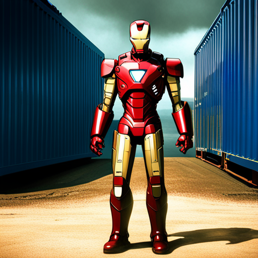 A blue alien in a fully functional iron man suit stands in front of three large shipping containers, realizing they are too heavy to move.