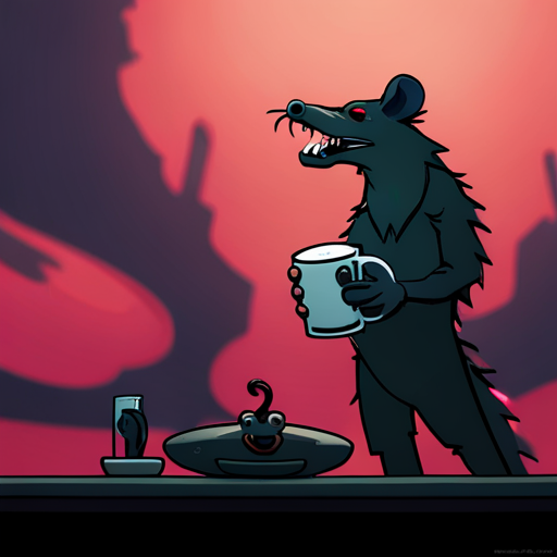 Zeb's hand holds a hot cup of coffee, steam rising from the dark liquid. Ratz, a rat-like creature, stands behind the bar with a proud expression. The dim red lights of The Chatsubo create a moody atmosphere. 
