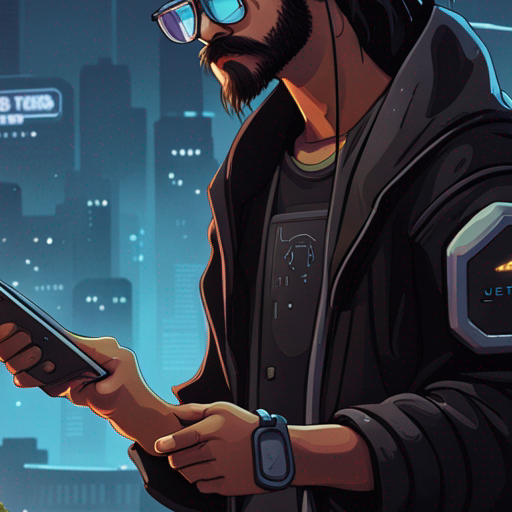 b sees a screen with options for inventory, quests, location, and characters. The background is a dark, damp downtown with city lights reflecting off low clouds. A mustached falafel guy stands next to a food cart. b, with long hair and glasses, wears a black outfit and listens to music on headphones.