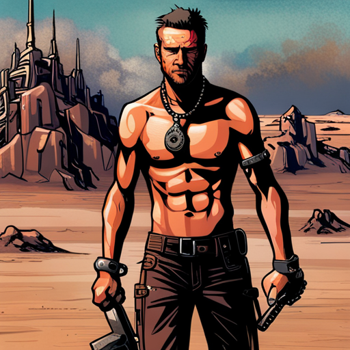 The Mechanic, a shirtless man with a rugged appearance, looks up from their work and nods at Wrewdison. Six piercings adorn their face, adding to their tough demeanor. They are surrounded by tools and vehicle parts, their leather pants and tall boots completing their wasteland look.