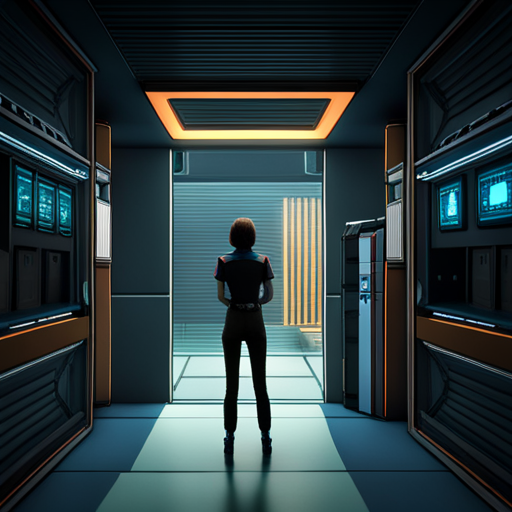In the photo, waxpancake the sentient vectrex stands in front of the locked Parallaxis brand vault, eyeing the uncrackable digital locking mechanism. The bank teller, with short brown hair and a nosering, waits anxiously behind the bulletproof window in her ugly Databank uniform. A robot vacuum whirs loudly, knocking things over in the background.