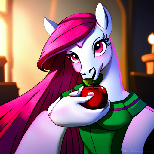 Zeb hands Pony a red apple as she sings and takes a bite. Pony is a bright pink pony covered in glitter with a green leaf emblem on her hind quarters. 
