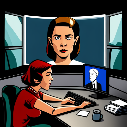 Theora Jones sits at her desk, intently analyzing a video stream while Basic Elf watches beside her. The show covers current events, with expert interviews and panel discussions. Theora wears a conservative blouse and has dark shoulder-length hair, and speaks with an English accent. The control room is cramped, with piles of CRT televisions and Max Headroom's talking head on a screen.