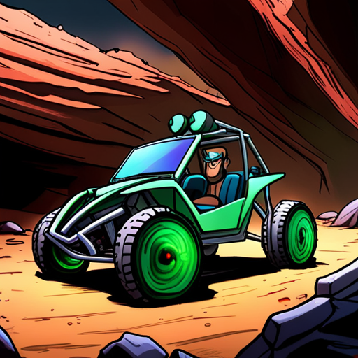 Zeb sits in his sleek black dune buggy, admiring its knobby tires and roll cage. The powerful engine roars to life as he revs it up, eager to take it for a spin. Nearby, a cave axolotyl's frilly gills give off a faint green glow. Mr Whiskers uses a holographic tool to translate mysterious symbols, while Thraeryn, the incredibly red Villain of Hackers.Town, looks on.