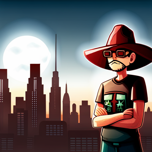 Texmechs takes a big bite of the delicious falafel wrap, wearing a mirrored cowboy hat and shades. Falafel Guy stands next to him, while the city lights reflect off the low clouds overhead.
