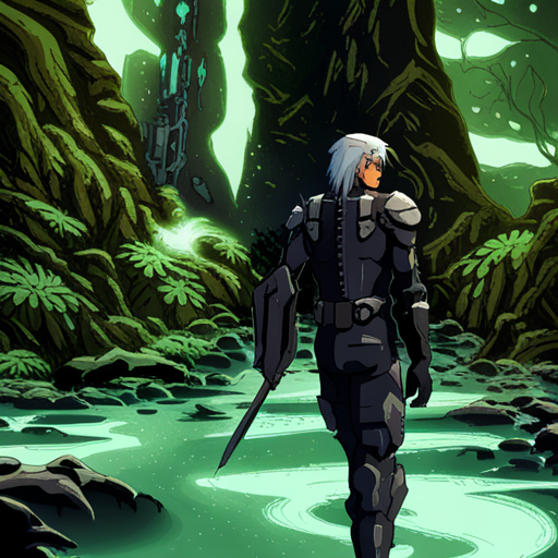 Thangkred stands in a lush forest, scanning the area for a malboro. His white hair falls over his shoulders as he grips his sword, ready for battle. The sound of water can be heard in the distance. 
