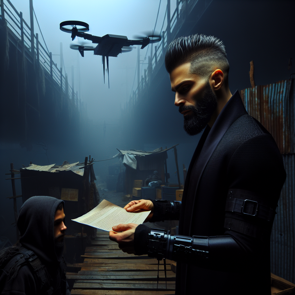 1. A man with a short beard and fuzzy mohawk, dressed in black, extends a paper to another figure scrutinizing it intently. The bridge's makeshift shelters and a drone hover in the dim background.