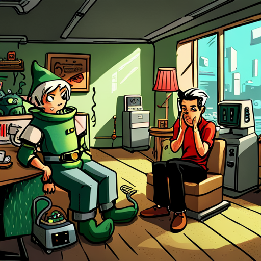 In the photo, Basic Elf nods his head to the music while Mr Whiskers observes the robot vacuum. The robot whirs loudly, bumping around the tiny ramen restaurant, knocking things over. Kappa, the ramen cook, looks on with concern. Zeb and Merg sit nearby, while an iPod plays music in the background.