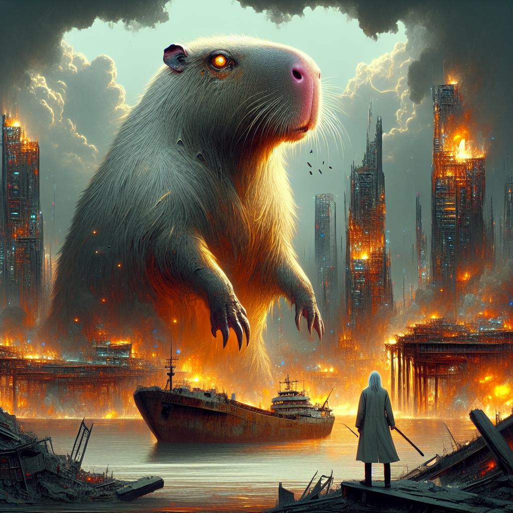 1. A colossal mutated capybara kaiju, towering over smoldering ruins, exudes a mix of fury and sorrow, its eyes reflecting a longing for home. Behind it, the docks burn, ash floating in the air, while a gaunt wizard observes from a safe distance.