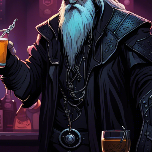 Odin stands at the bar, holding a glass of mead. The bartender pours the drink, sliding it towards Odin. He takes a sip, savoring the sweet, honeyed flavor. The goth club is filled with thrashing goths on the dance floor, while the stage looms above. The atmosphere is dark and moody, with dim lighting and a haze of smoke in the air.