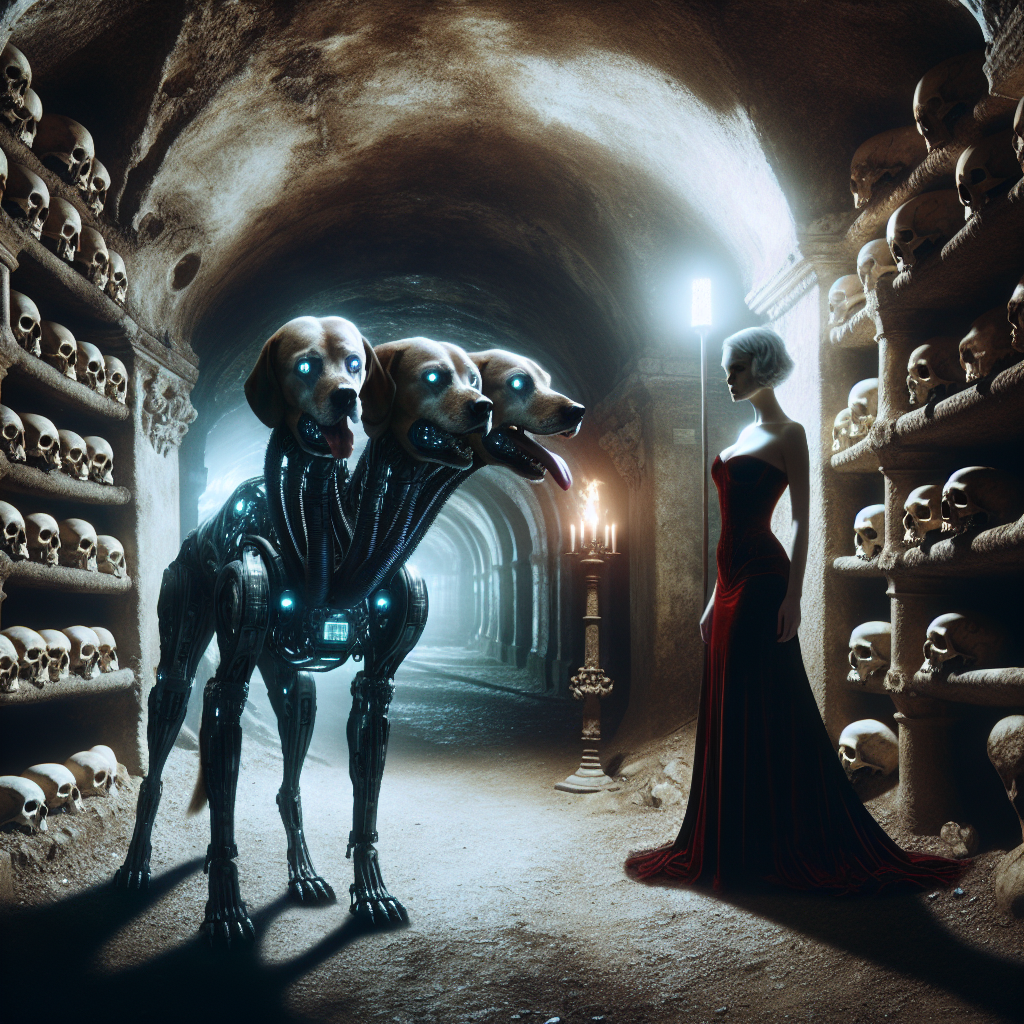 1. A three-headed cybernetic dog sniffs around a dimly lit catacomb; skulls line the walls. A pale woman in a red velvet dress stands still. Water drips, torch flickers, shadows dance.