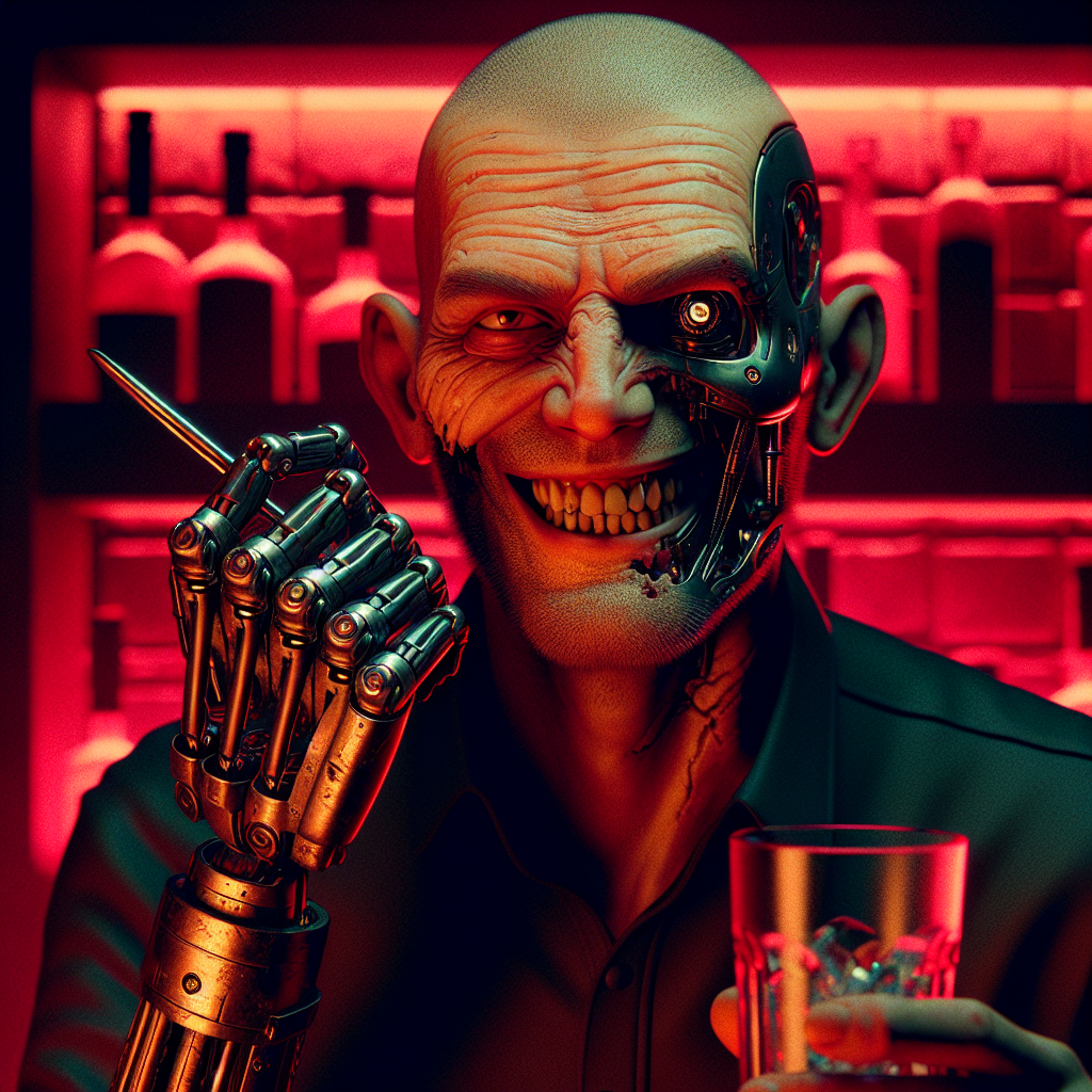 1. A shaven-headed bartender with squinty brown eyes and a wrinkled face smirks, revealing decayed teeth and steel prosthetics. His robotic arm, a Russian military prosthetic, jerks as it cleans a glass. The dim red light of the bar casts a murky glow on his figure.