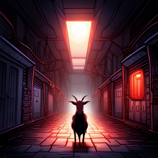 Merg sees a black goat disappearing into a narrow opening in a wet, grimey alley lit by a flickering lightbulb. The word "Hell" is spraypainted on the wall. Peering into the opening, Merg sees a narrow passageway leading further into darkness.