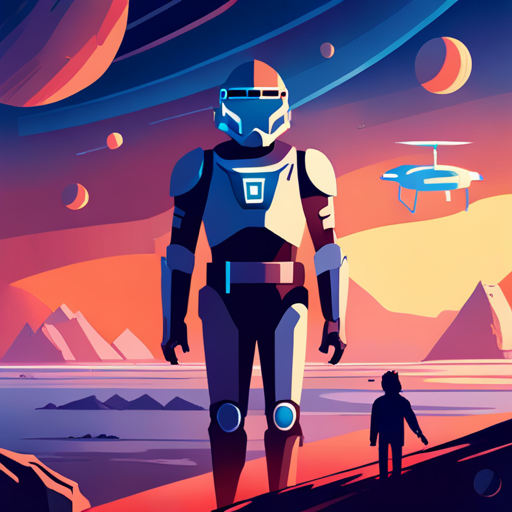 A holographic display shows the planet below, while a spider-like drone hovers above. A tall figure in Mandalorian armor with a blue line down the helmet's middle stands nearby. A disembodied AI pilot named ART observes.