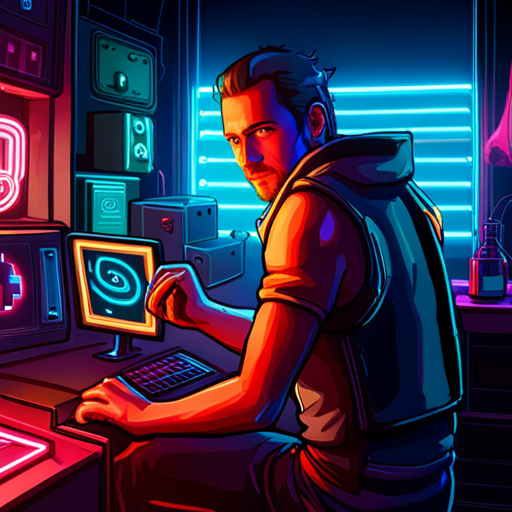 p0lowww's gaze captures the vibrant chaos of Cyberdelia. Neon lights illuminate the smoke-filled room, revealing Crash Override at the Wipeout console, his rebellious spirit evident in his cargo pants and pocketed vest. Other hackers engrossed in conversations and activities fill the space, creating a friendly atmosphere. Suspicion is absent, allowing p0lowww to immerse themselves in the electric energy of the nightclub.