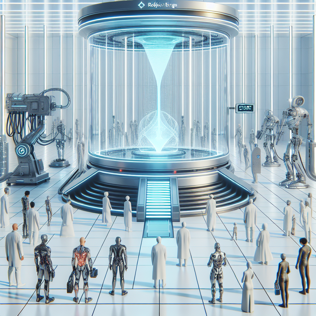 1. A sleek, glass-encased Object Forge, robotic arms and holocule extruder visible, sits centrally in an endless white expanse. Players gather, one with noticeable gear, beside a "Start" exit sign.