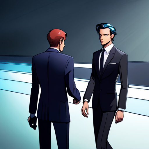 In the virtual shop, Vince is greeted by Sebastian, a humanoid avatar with slicked-back hair, piercing blue eyes, and a charming smile. Sebastian wears a sleek suit and tie and offers to assist Vince in finding what he needs.