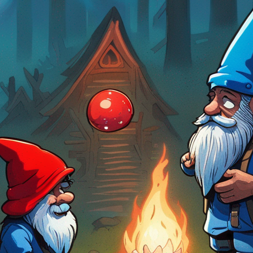 Zeb sees a small bearded gnome wearing blue coveralls and a pointy red hat. The gnome is standing in a sun-filled clearing in an enchanted forest, surrounded by the remains of a campfire. Dust motes float in the air, and a mushroom village can be seen nearby. The gnome is speaking to Zeb, who is a bearded man with a short mohawk, wearing a sleeveless black shirt and loose pants with lots of pockets. Zeb has a USB drive hanging from a chain around his neck. The scene is filled with a sense of magic and adventure.