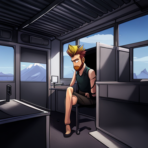 Zeb sees an empty Corpo Security Hut, with a large fly buzzing around. The austere metal hut is painted matte black inside and out. The only objects in sight are a folding chair, a video feed, and a motivational poster. Zeb, a bearded man with a spikey mohawk, stands alone in the hot hut, wearing a sleeveless black shirt and loose pants with lots of pockets.
