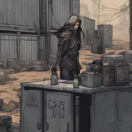 Thraeryn stands in the outpost, surrounded by rotting shipping containers. A work table and metal canister sit nearby. Large water containers catch his attention, and tire marks lead out through the gate in the razor wire fence. The outpost is secluded and desolate in the wasteland.