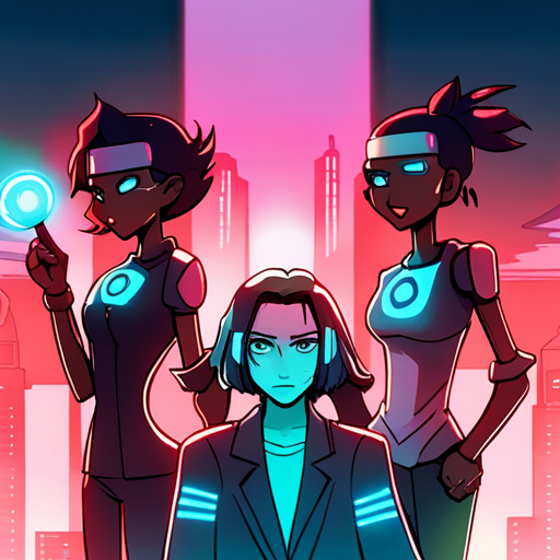 Two AI goons with glowing red eyes and metallic bodies stand in front of Wrewdison. They are shouting and destroying everything in their path, while Wrewdison tries to communicate with them. The office is cluttered with action figures, books, and computer devices, lit in pink and cyan.
