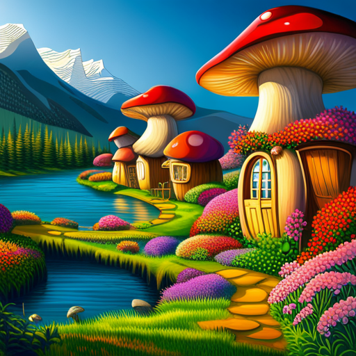 The mushroom village is a colorful and whimsical sight to behold. Tiny houses made entirely of mushrooms stand in a neat row, their round caps forming thatched roofs. Each door is a small, circular opening, and tiny chimneys puff smoke into the air. On the ground, colorful flowers bloom, and a small stream runs nearby. The inhabitants, small and gnome-like, bustle about their daily lives, seemingly unaware of the cartoonish world around them.