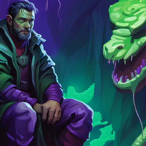 Zeb gazes at the wounded snake wizard, Jorm the Sorcerer, cowering in his mountain cave. Jorm's purple and green scales gleam in the dim light, his eyes glowing with malevolence. Despite his injuries, Jorm remains a formidable adversary, his fangs dripping with venom, ready to strike at any moment.