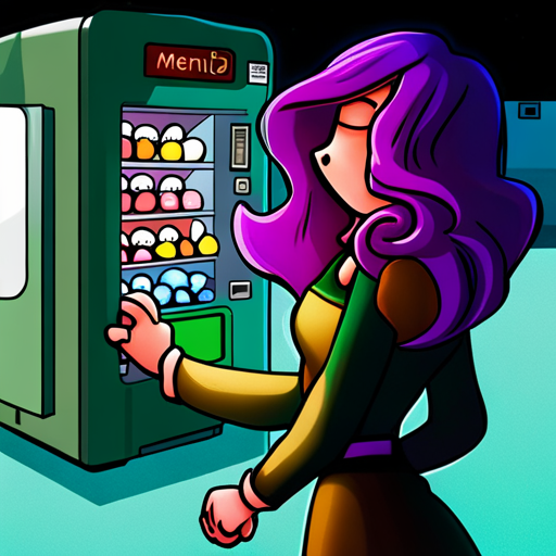 RemZ stands in front of the vending machine, their eyes fixed on the pack of mentats mental mints that has just been dispensed. With their vibrant purple hair cascading down their shoulders, RemZ's pale face shows a mix of excitement and anticipation. They hold the pack of mints delicately in their hand, ready to unlock the power of their mind.