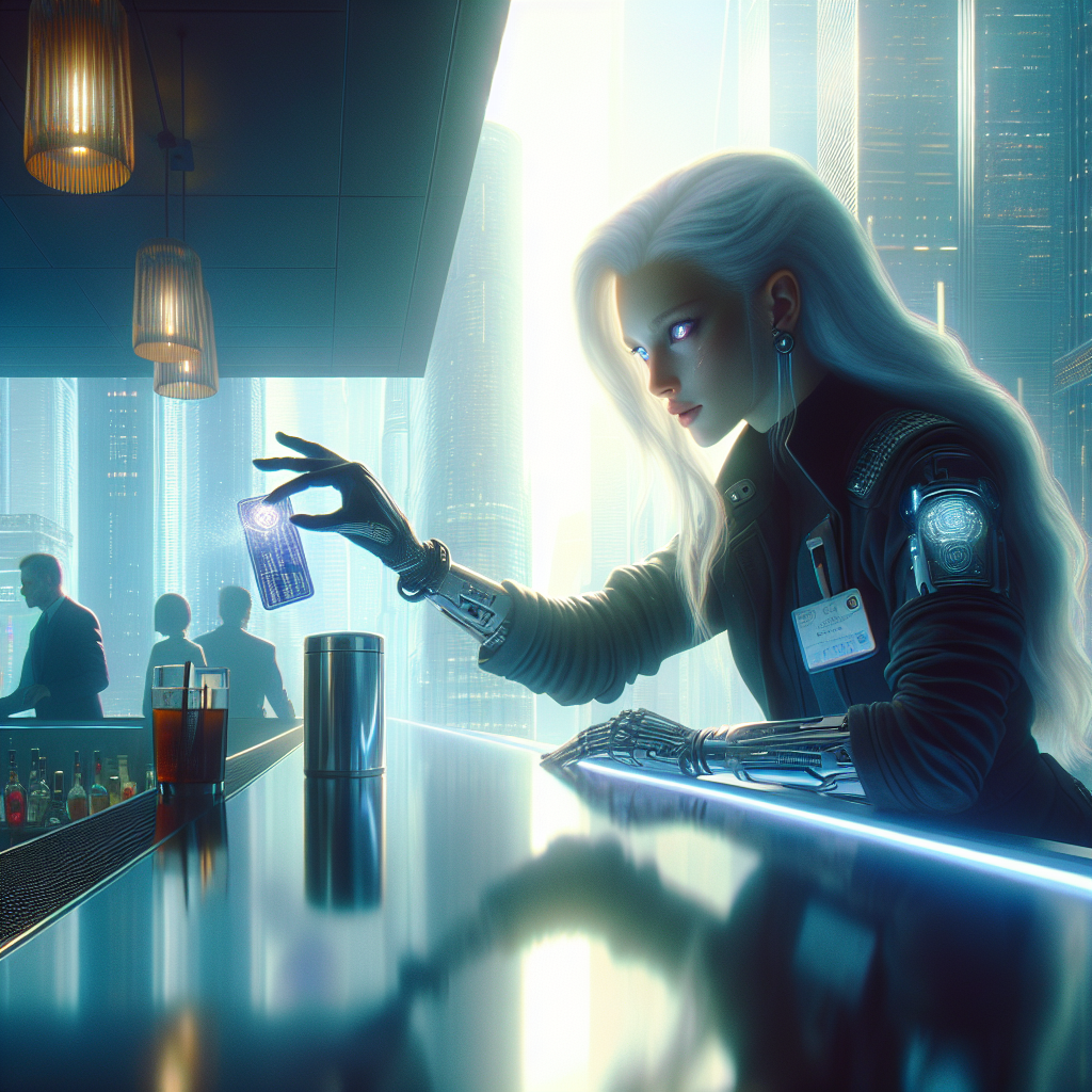 1. A bartender with piercing eyes discreetly slides a coaster with coded information across the bar. Mid-day light filters through the Corpo District's skyscrapers, illuminating the scene.