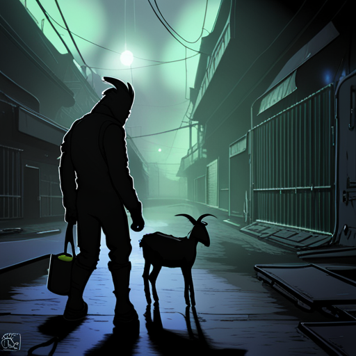 Zeb hands black candles to a black goat in a wet alley lit by a flickering bulb. The goat leads Zeb down the alley as the light goes out. 
