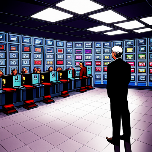 Basic Elf sees Theora watching a news program on a flickering CRT television in the dark and cramped control room. The program discusses political unrest and environmental concerns across the globe, including Iran, Chile, and Hong Kong. Max Headroom appears as a talking head on a neon grid, offering sarcastic commentary. Theora comments on the difficulty of staying neutral while reporting on sensitive issues. Basic Elf, a standard elf, observes quietly.