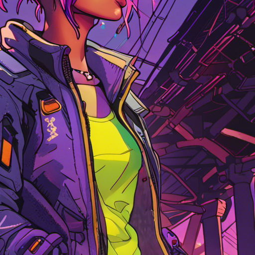 Starla, a cyberpunk woman with shoulder-length purple hair, looks up from the wetware she's inspecting. She wears a neoprene jacket with neon colored piping. The Bridge stretches out behind her, its cables and support struts encrusted with makeshift shelters. It's midday, and the sun casts a warm glow on the scene. Starla gives Zeb, a bearded man with a short mohawk, a nod as he approaches. She seems focused and ready to assist him with whatever he needs.