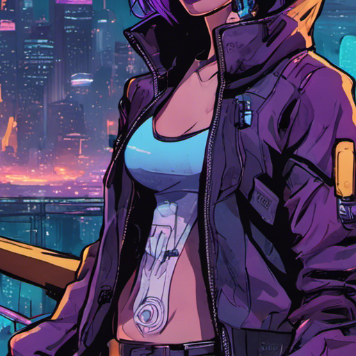 A cyberpunk woman with shoulder-length purple hair stands on The Bridge, surrounded by Quanta's drones. She wears a neoprene jacket with neon colored piping and sells wetware out of her custom bike. The city skyline looms in the background, illuminated by the neon lights of the underbelly. It's nighttime, and a light drizzle falls from the dark sky.