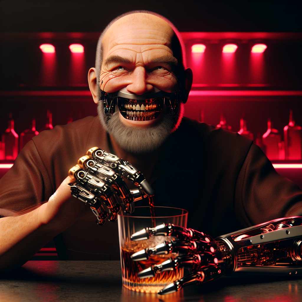 1. A shaven-headed bartender with squinty eyes and a wrinkled face, his robotic arm whirring, pours bourbon into a glass. Steel teeth flash in a crooked smile under dim red lights.