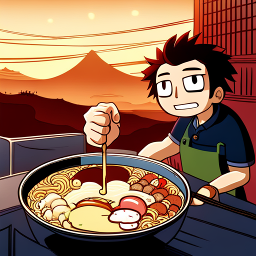 Kappa prepares a steaming bowl of ramen for Arnold, skillfully combining ingredients. The red and white mural of the sunrise adds to the cozy atmosphere.
