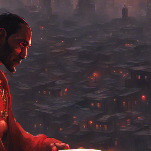 Thraeryn hands Ibrahim an ancient-looking book, his red skin contrasting against the dark, damp city backdrop. Ibrahim's eyes light up with anticipation as he receives the book, while the lights of the city reflect off low clouds overhead. The familiar thumping baselines echo from nearby nightclubs, as people wander in and out, seeking a good time or some trouble. A guy with a mustache stands next to a small food cart, selling the best falafel you've ever tasted. A payphone stands nearby, adding a touch of nostalgia to the scene.